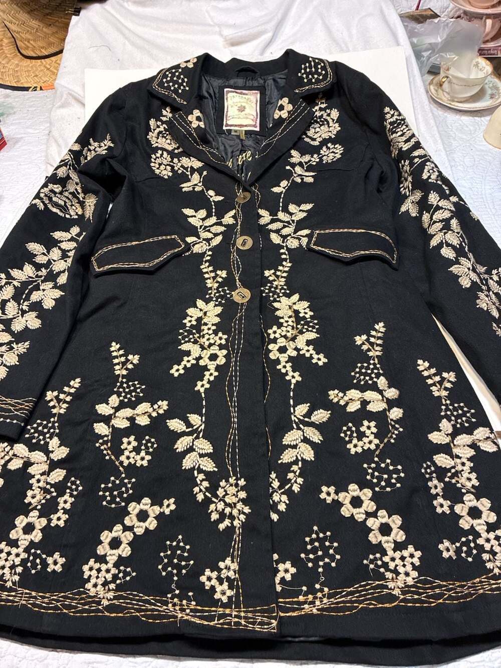 Paparazzi by BIZ Black Twill Floral Embroidered Boho Coat